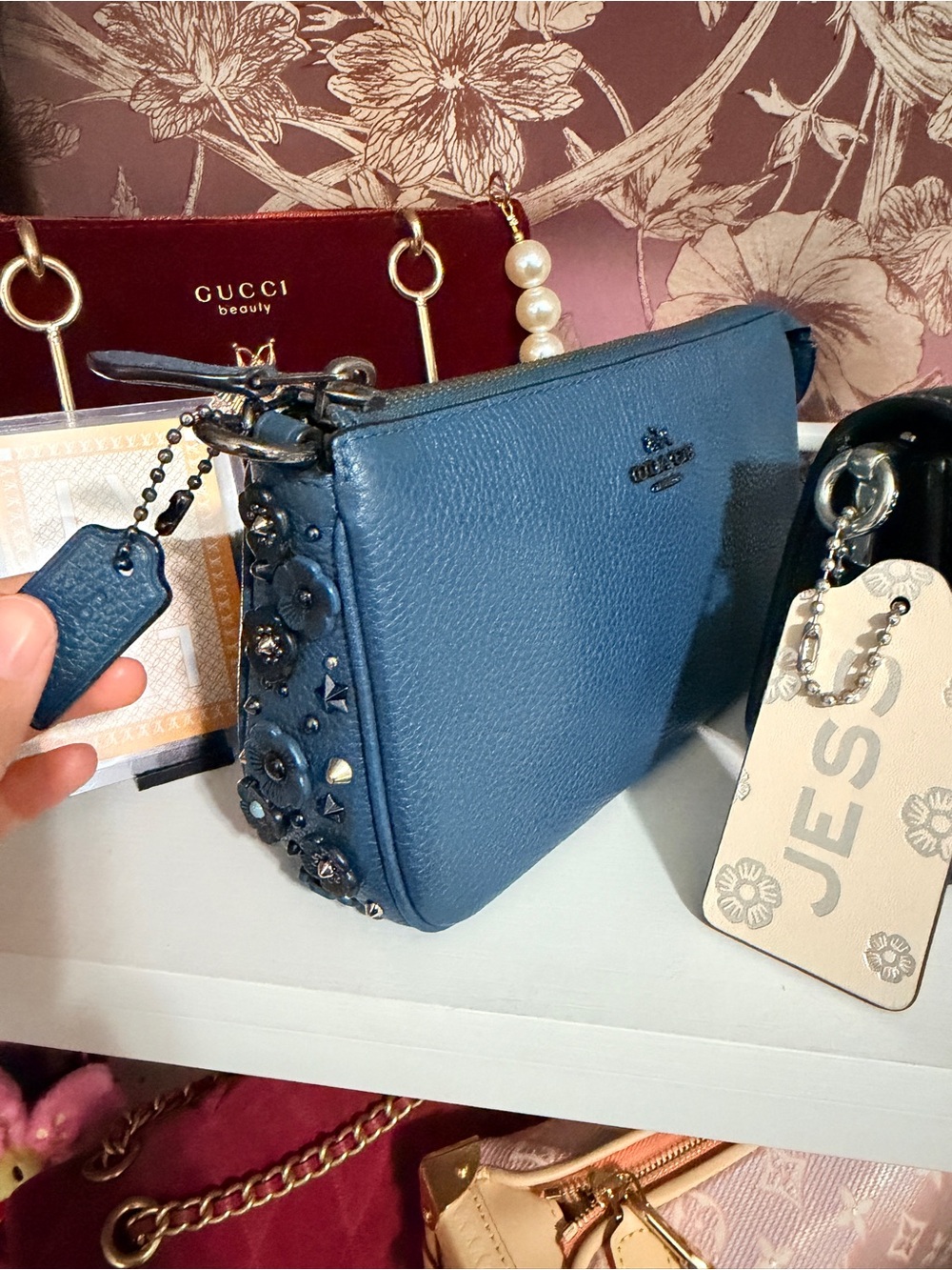Coach Navy Blue Pebbled Leather Floral-Stud Wristlet
